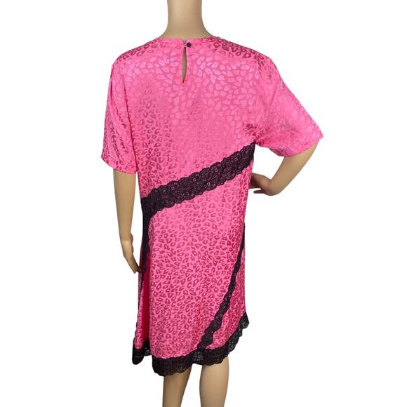 KOCHE Pink Leopard Jacquard Black Lace Asymmetric Shift Dress SZ 40/XS - Picture 9 of 11